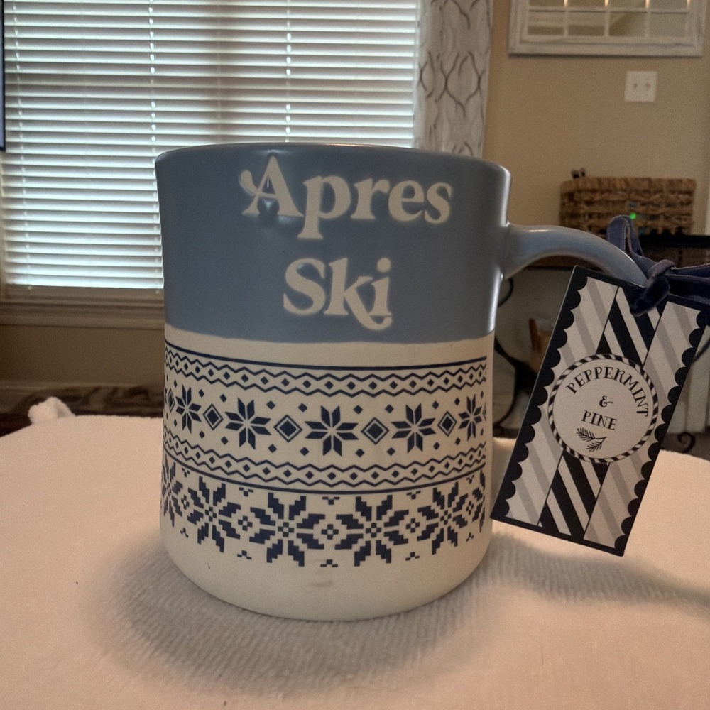 Après Ski 216-oz Coffee Mug by Peppermint & Pine Ceramic Light Blue & White